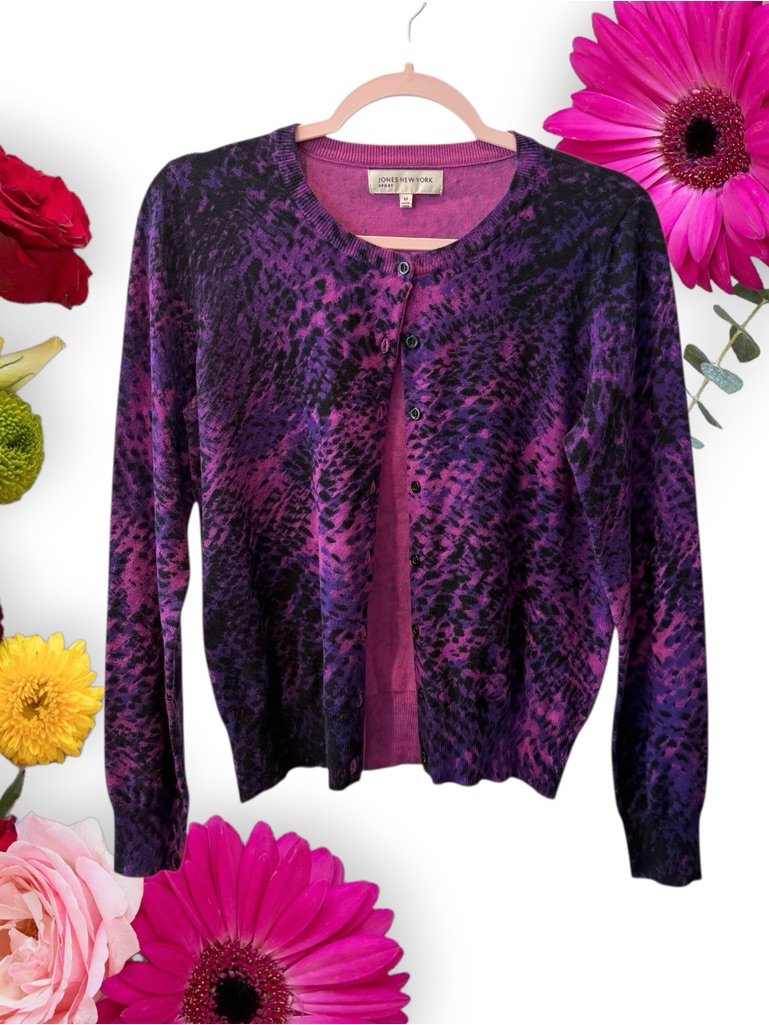 Jones New York Purple Watercolor Abstract Button-Front Cardigan Sweater